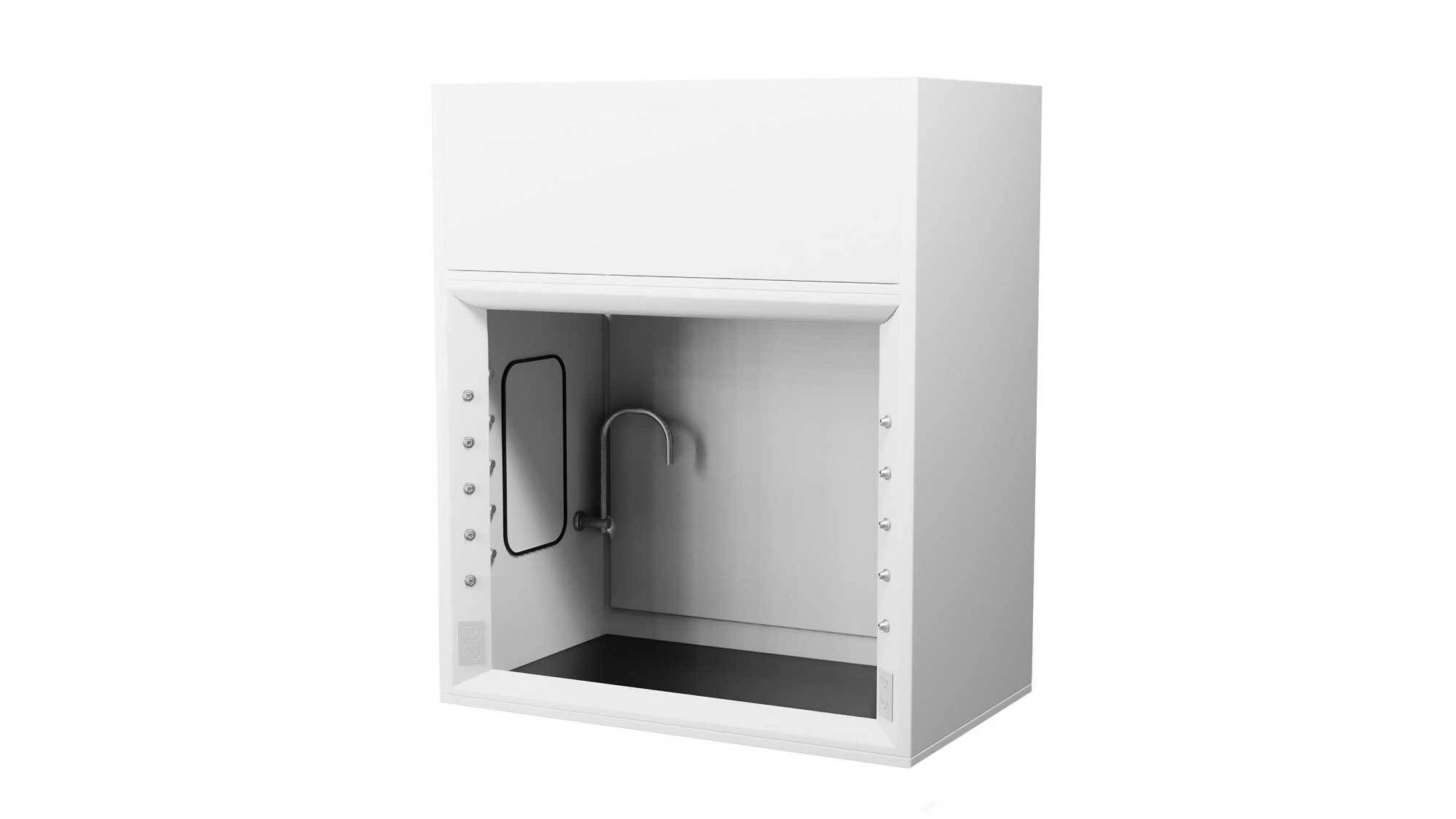 front view of a white laboratory fume hood hopper pass with integrated stainless steel faucet and open work area