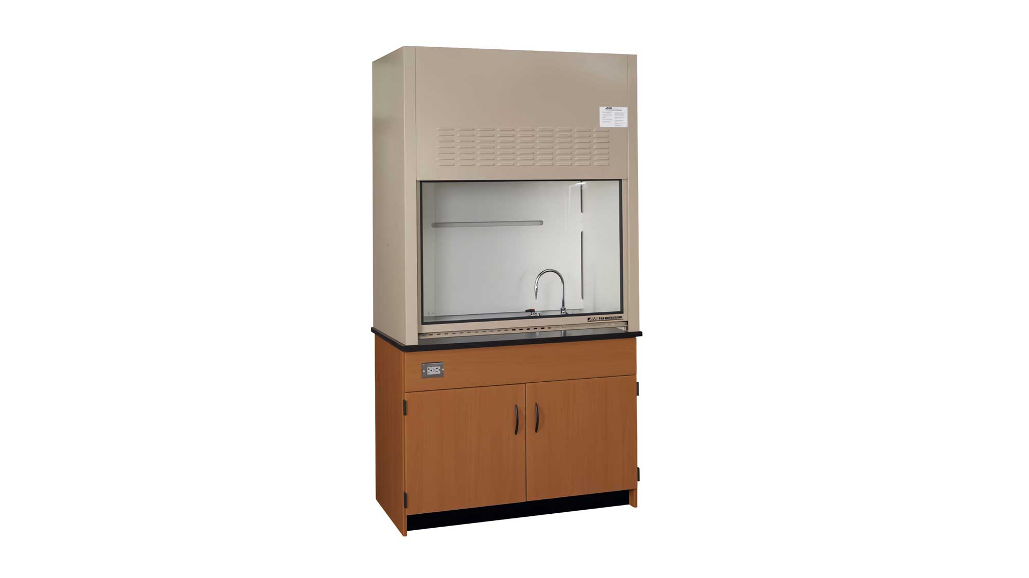 white V116 hopper-pass fume hood with service ports and open interior workspace