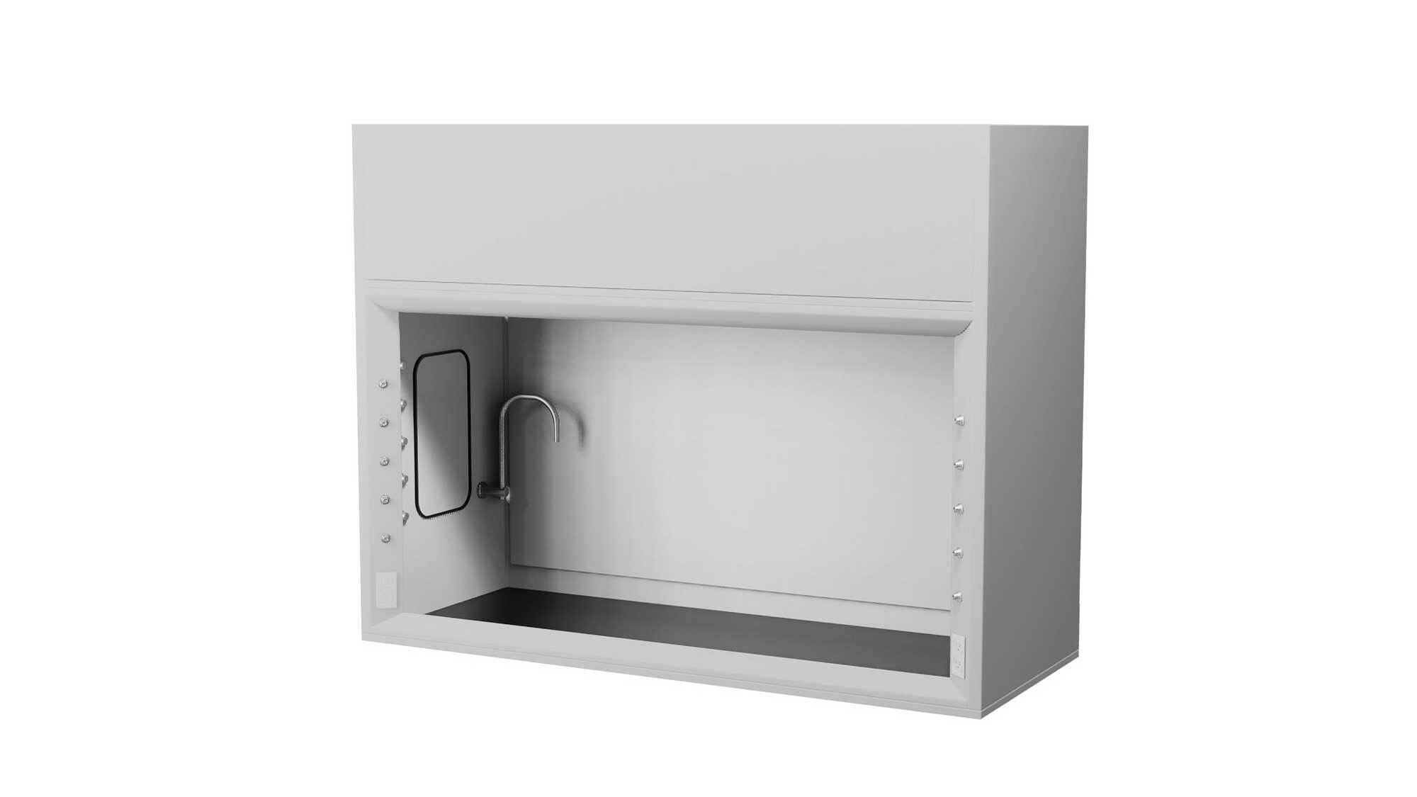 White fume hood with integrated splash apron and open viewing sash