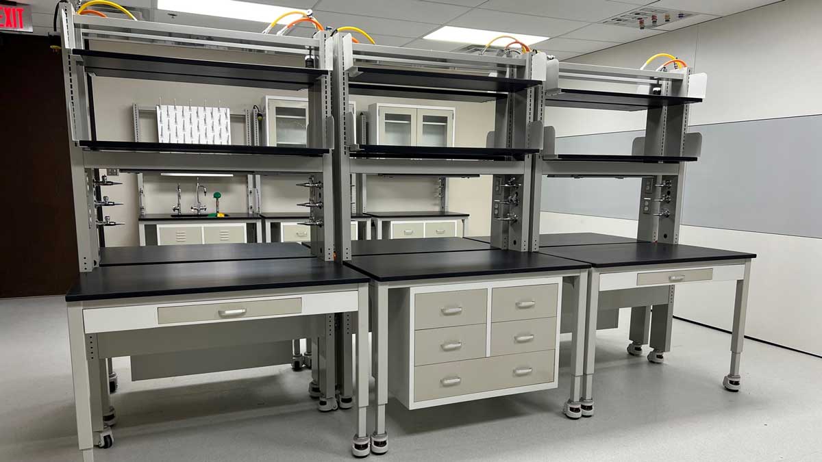 Lab workstations with drawers and workspace for lab equipment and organized workflow in laboratory environments