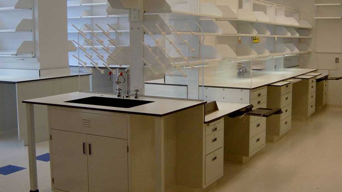Lab sink workstations with upper storage cabinets and drawer storage for efficient laboratory use and organization.