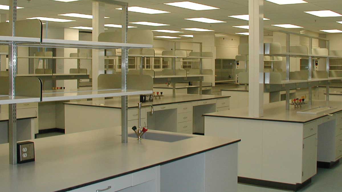 Lab workbench featuring multiple drawers and secure storage for laboratory equipment and supplies