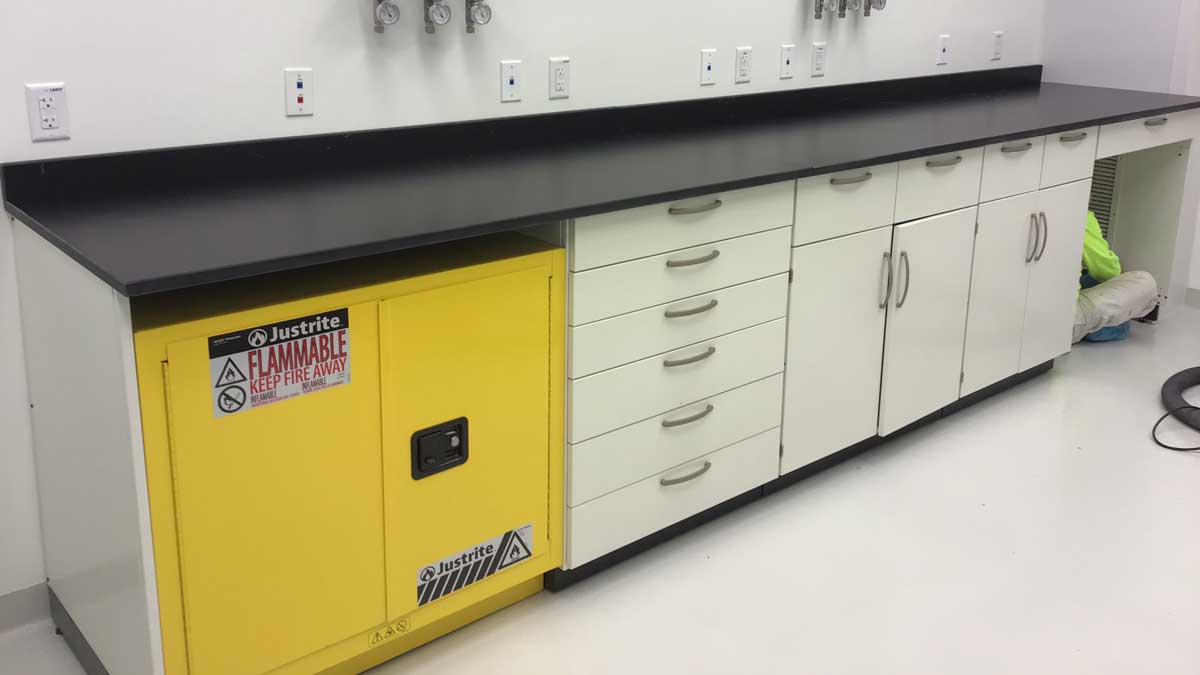 Wooden laboratory casework providing functional storage for chemicals and lab supplies with secure doors and drawers