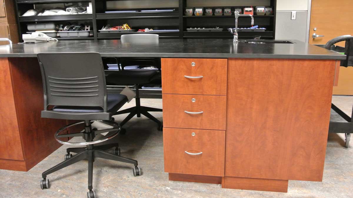 Laboratory workstation casework with built-in sinks and storage cabinets for efficient workspace management