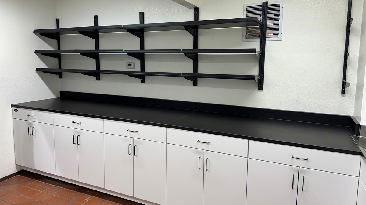 Microbiology lab floor plan with casework layout and cabinet placement