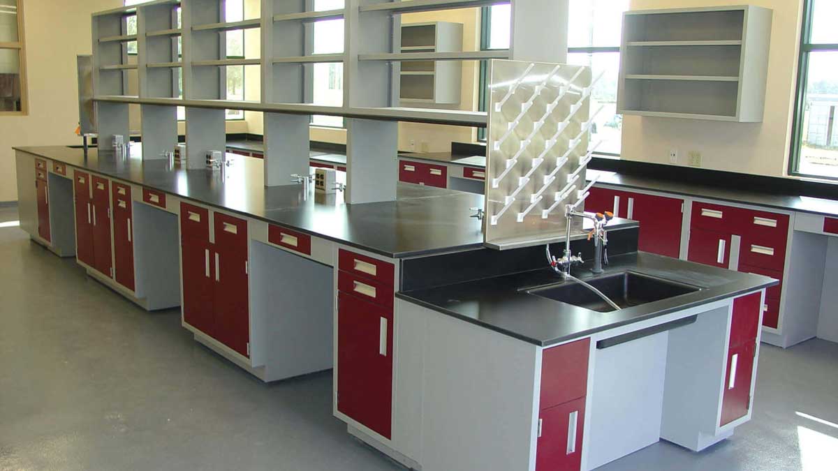 laboratory casework with multiple drawers and spacious workspace for laboratory equipment and tasks