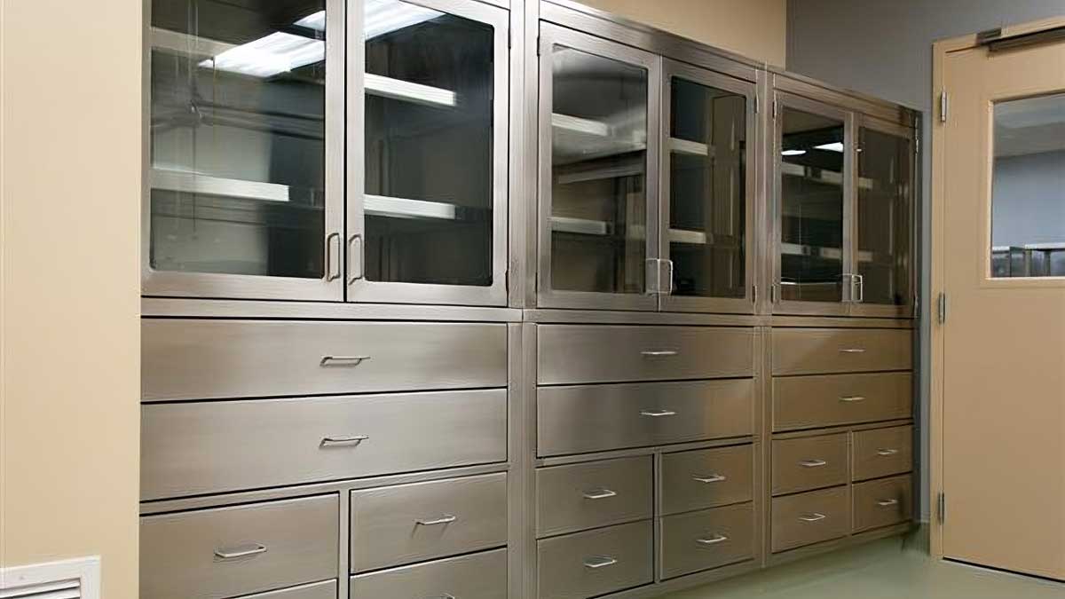 stainless steel cabinets with glass doors for organized medical supply storage in healthcare facility