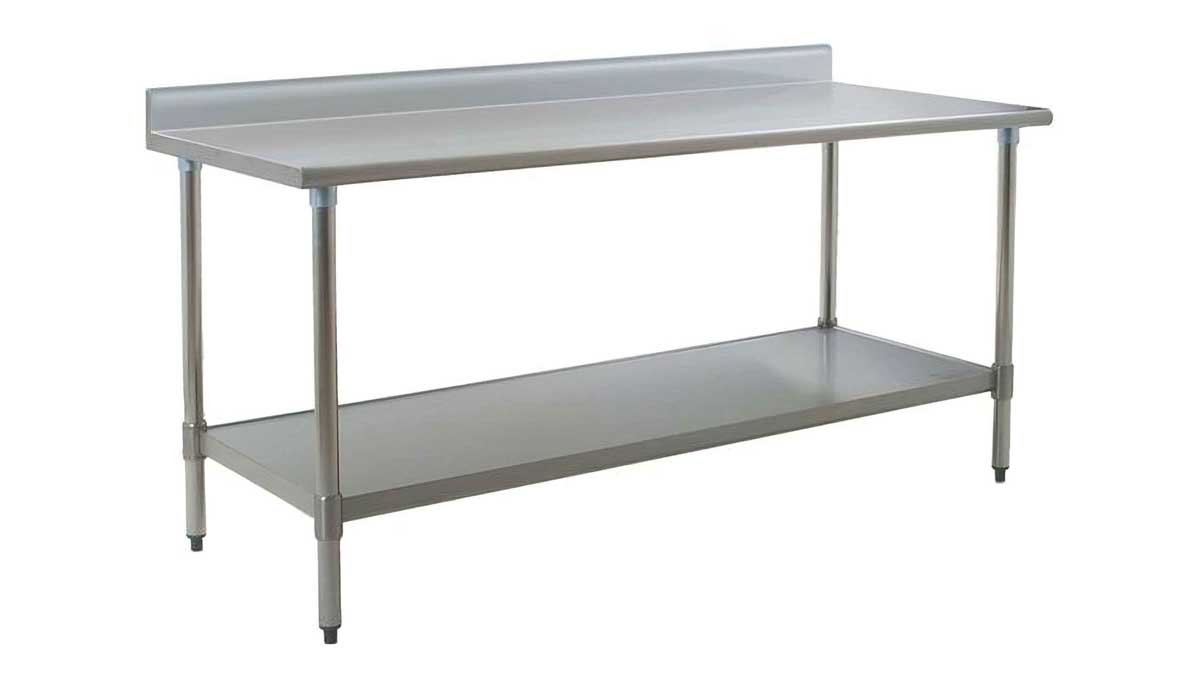 stainless steel table with backsplash and undershelf for workspace or storage organization