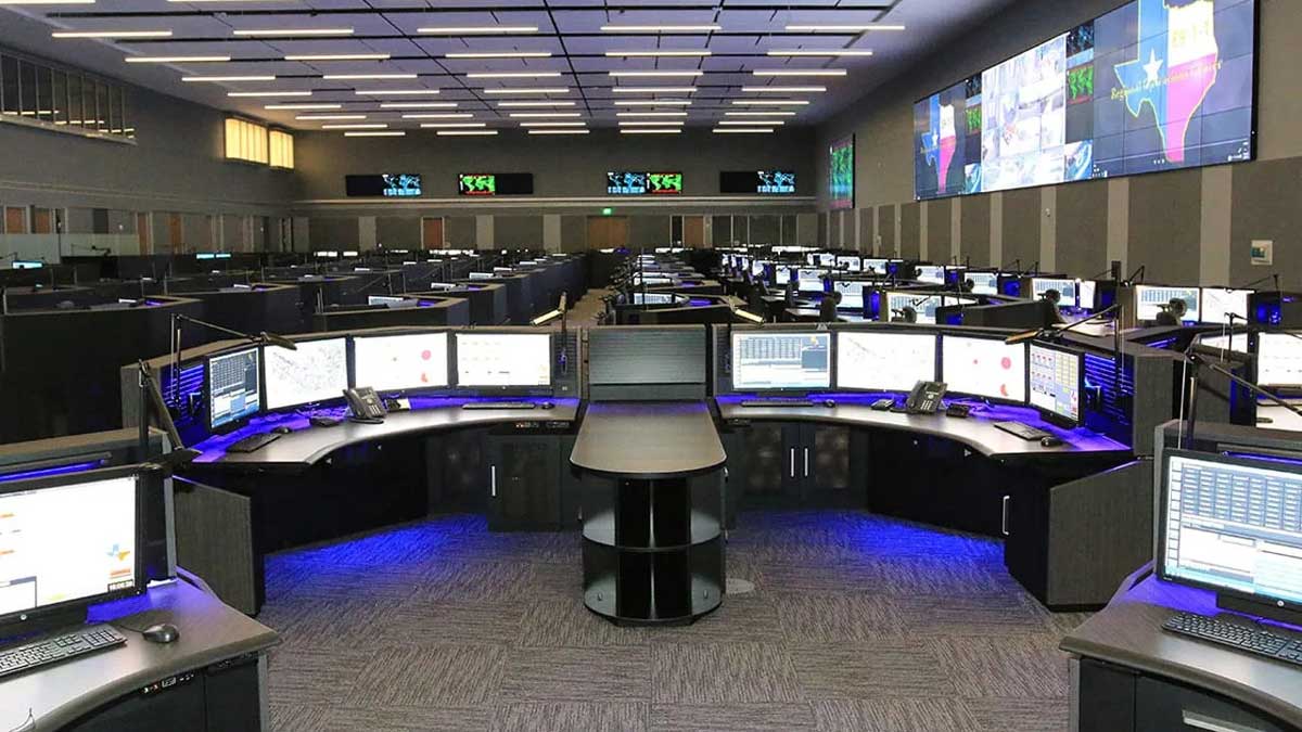 Command center consoles with multiple screens for efficient operations