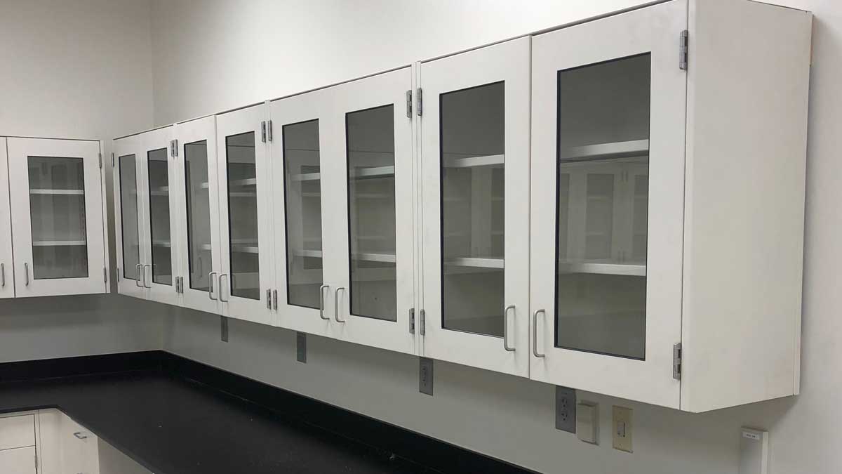 laboratory wall-mounted storage cabinets with glass doors for organizing lab equipment and supplies
