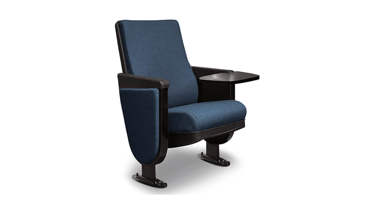 fixed seating and tables with blue fabric seats and integrated tablet arms in a lecture-style arrangement