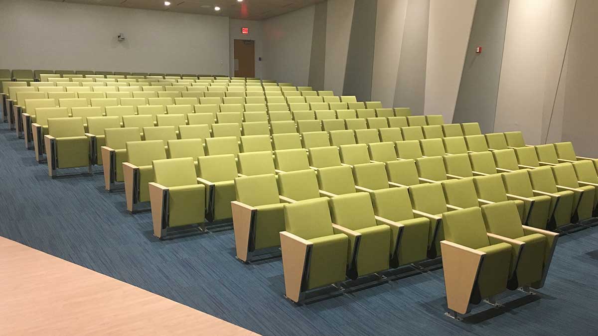 auditorium seating with clean modern design and angled backrests