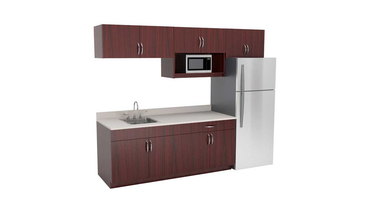 laminate break room cabinets with integrated refrigerator microwave and sink for office kitchen use