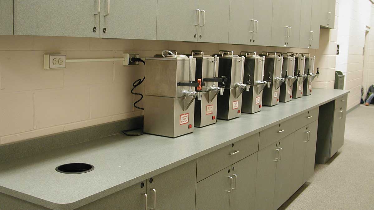 Healthcare staff breakroom furniture with multi-unit coffee station and storage