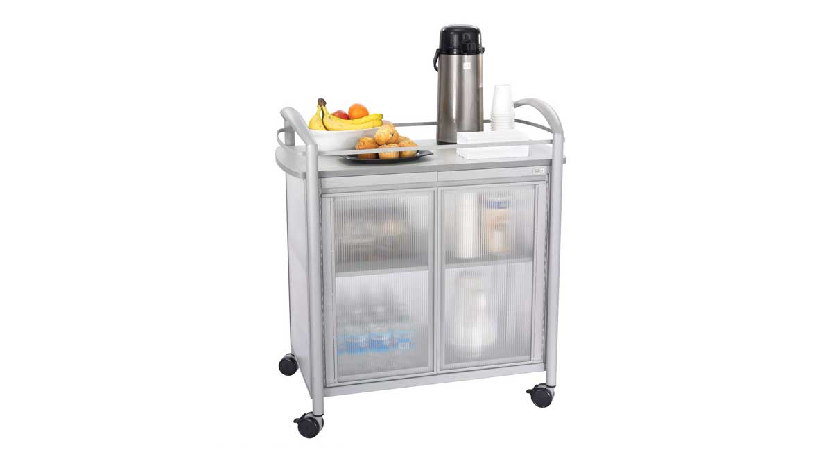 mobile refreshment cart with enclosed shelves for drinks and snacks in office or hospitality setting