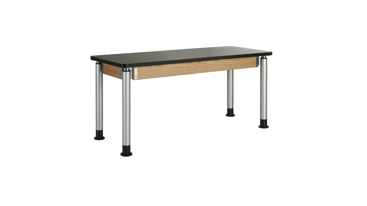 Height-adjustable lab table with open frame and chemical-resistant top