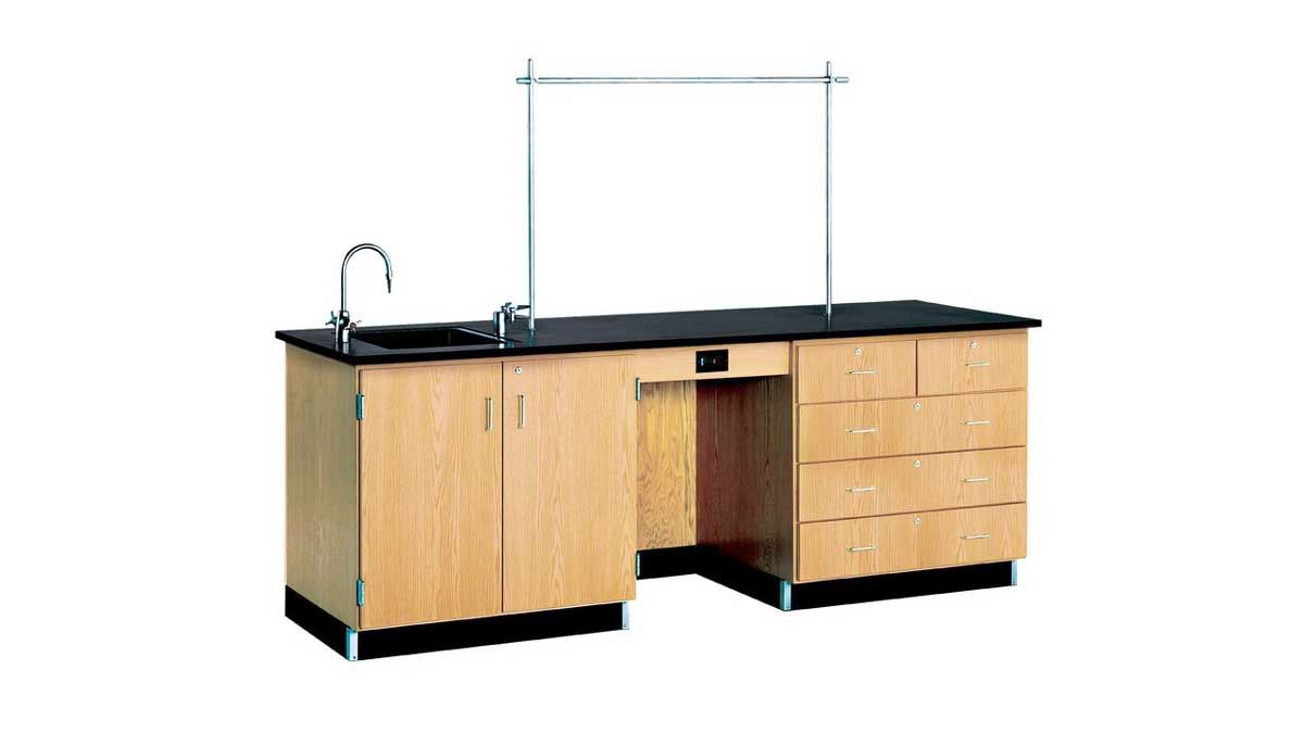 Lab sink bench with wooden storage cabinets for cleaning and preparation in laboratory settings