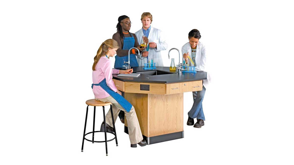 Wooden laboratory cabinets with black work surface and drawers for storing lab materials and equipment