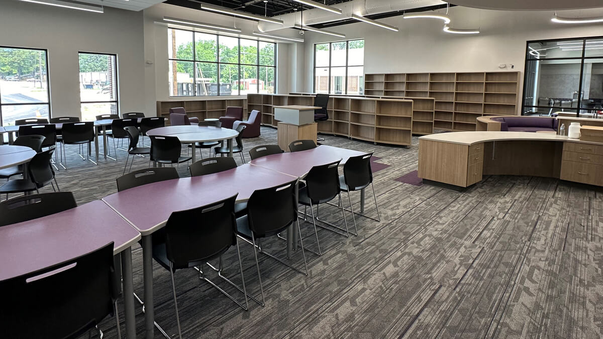 High school library seating and study areas with modern furniture and collaborative workspaces for students