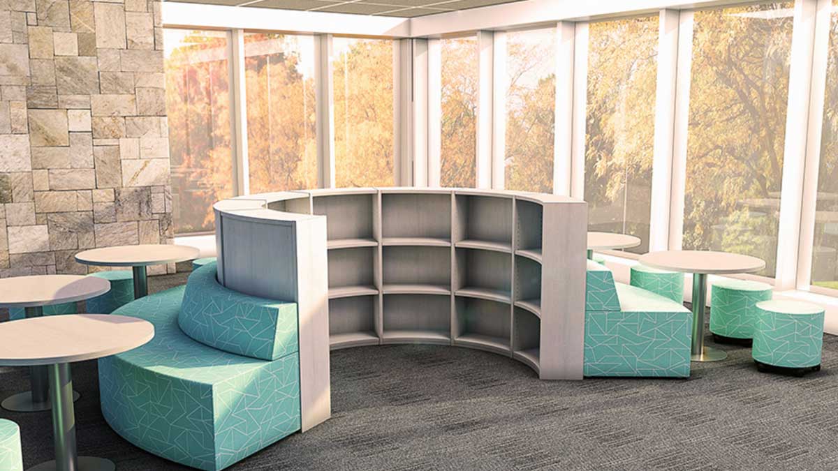 Library seating arrangement and shelving solution designed to provide comfortable study spaces and ample book storage