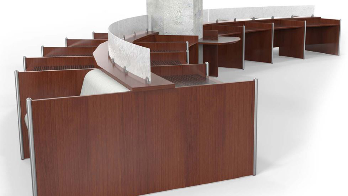 library study table with built-in dividers providing multiple workstations for students and researchers