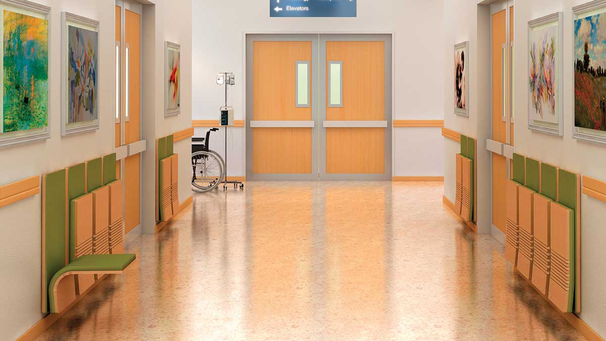 Compact folding wall-mounted chairs for high-traffic office hallways and commercial spaces