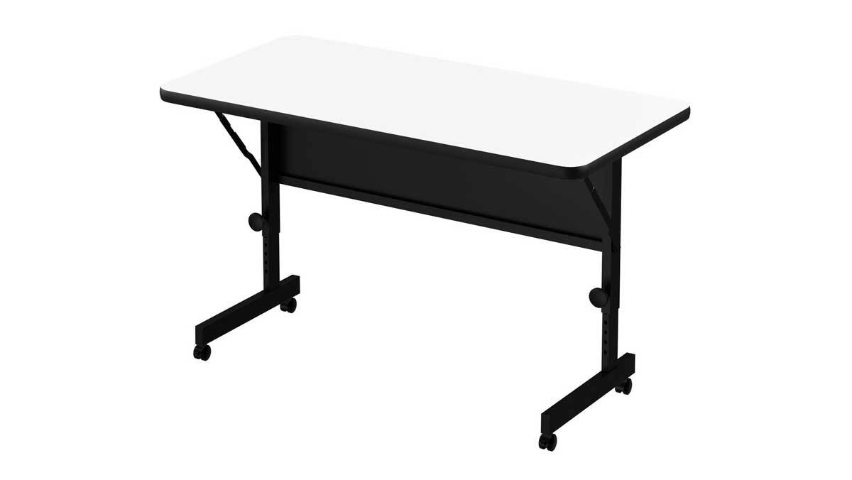 adjustable flip-top training table with locking casters for flexible classroom or meeting room layouts