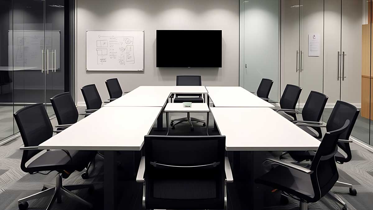 executive-style training room with rectangular tables and ergonomic chairs for conference or group learning