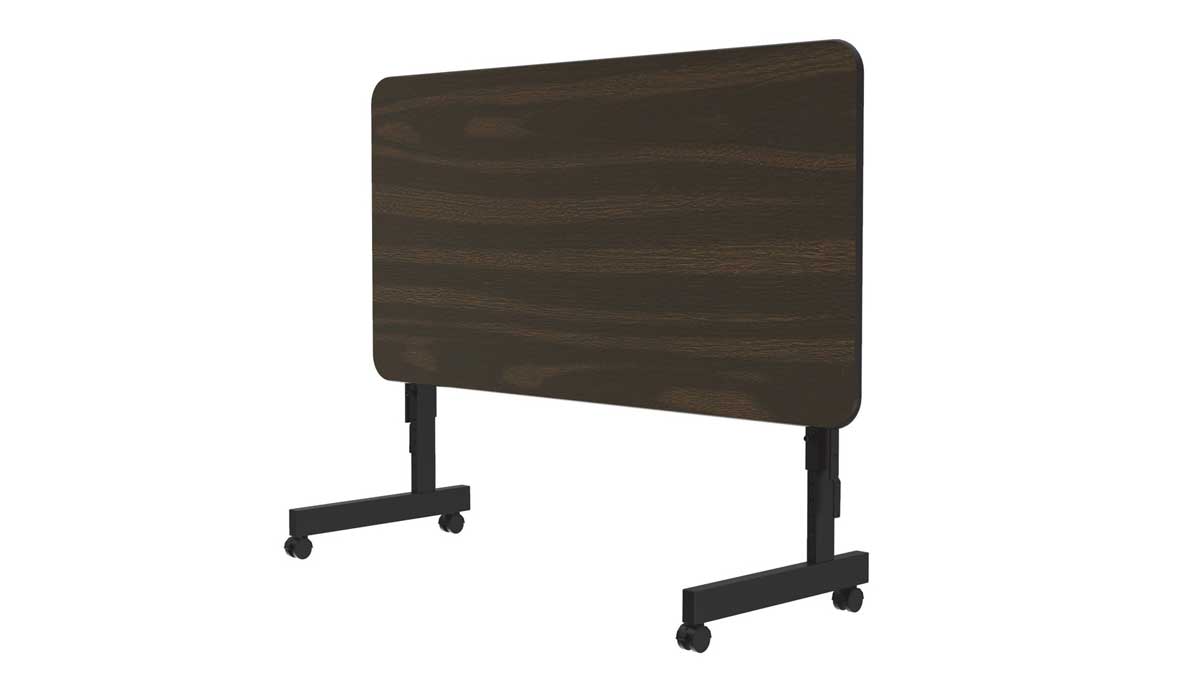 flip-top training table with wheels in vertical nesting position for compact storage in training spaces
