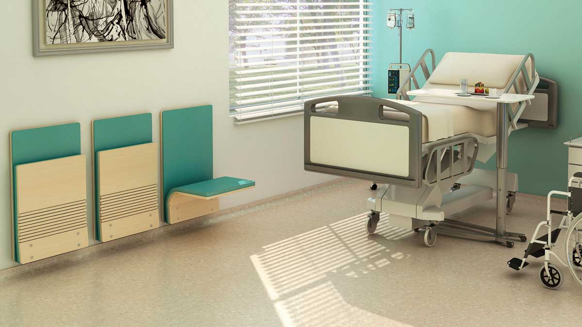 wall-mounted folding chairs for compact seating in healthcare and educational spaces