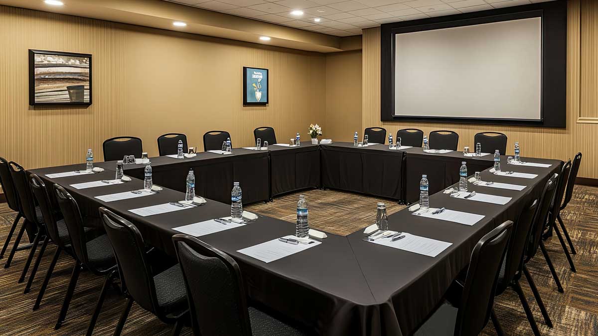 u-shaped conference room table setup with notepads and chairs for collaborative meetings or training sessions