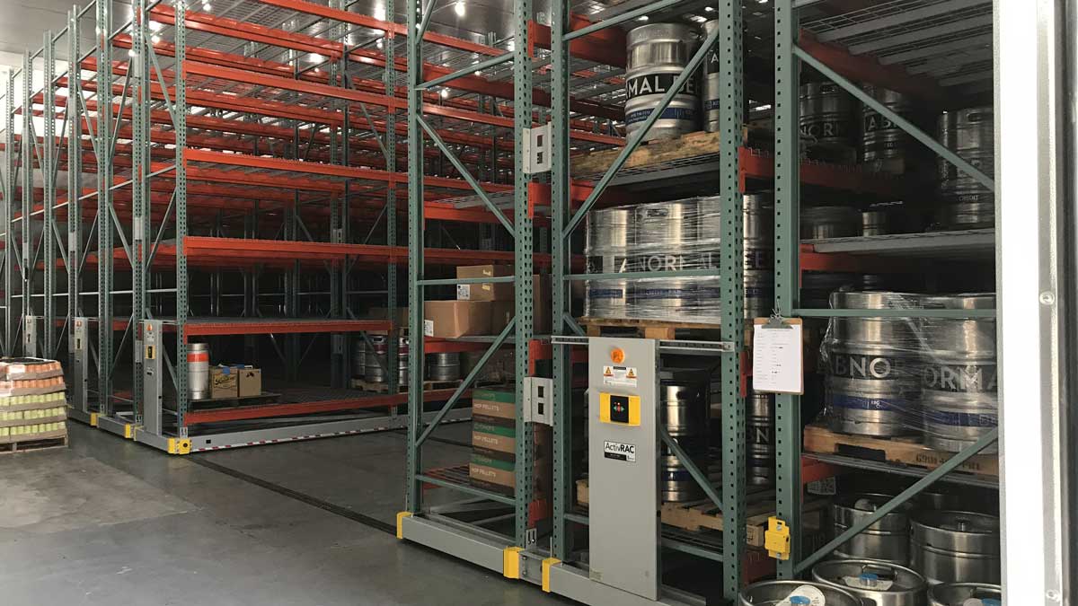 mobile pallet racking system for cold storage of brewery kegs and supplies