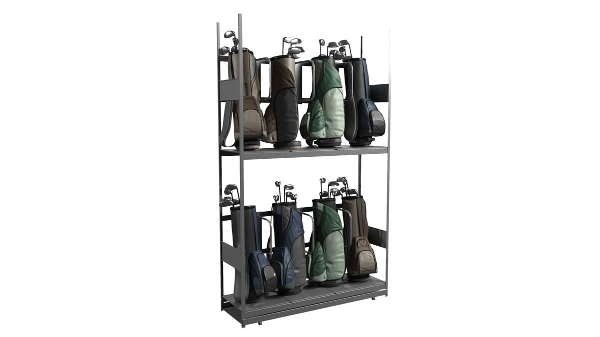 mobile rack with two-tier shelves for compact golf bag storage on a sliding base