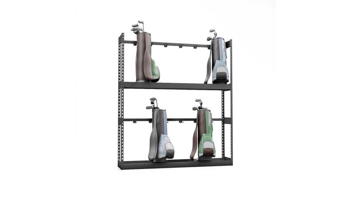 two-tier freestanding metal rack with horizontal bars for hanging golf bags and saving floor space