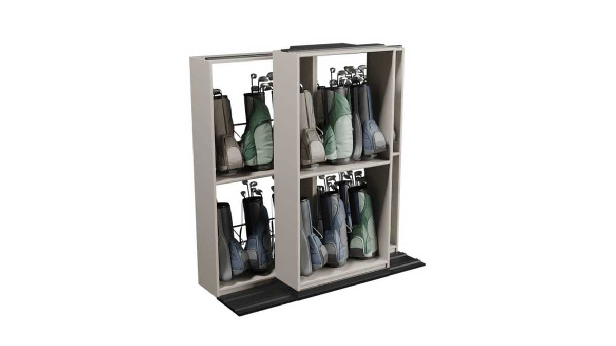 two-tier mobile rail rack for high-density golf bag storage in clubs and resorts 