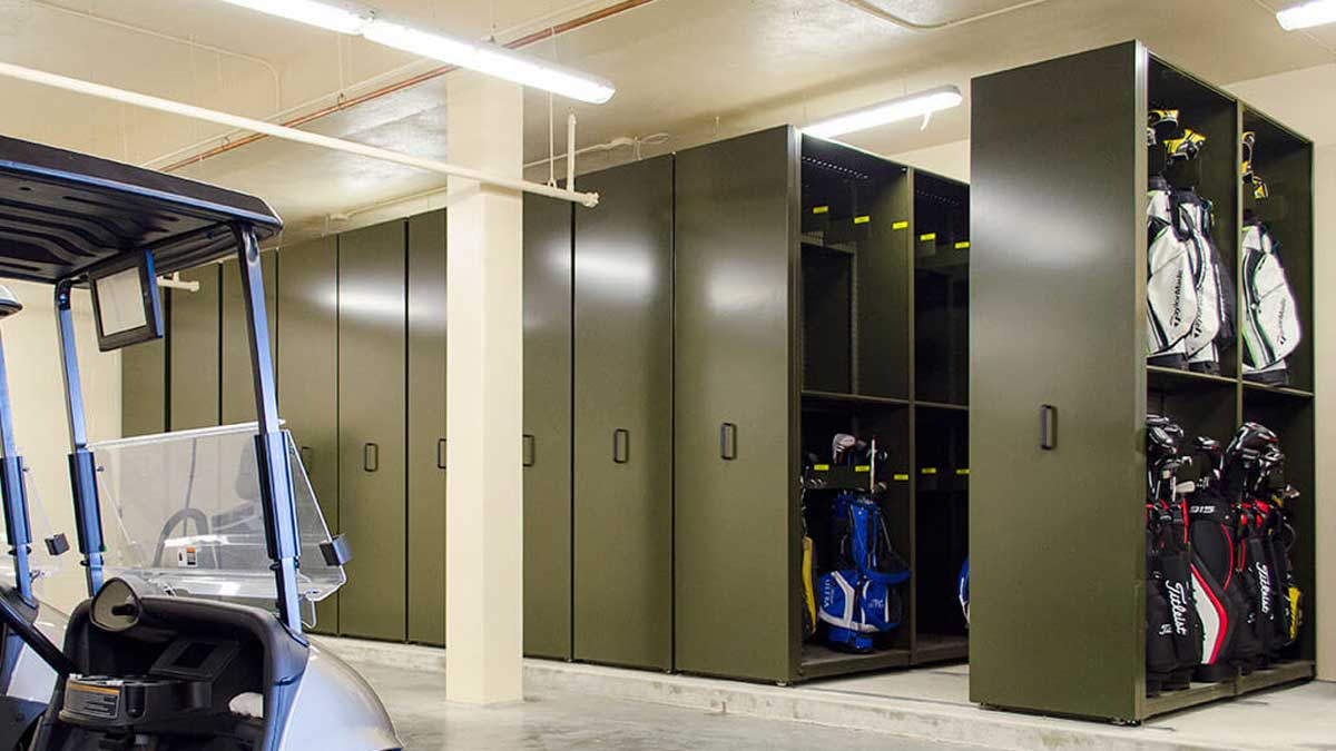 mobile shelving storing golf bags in country club