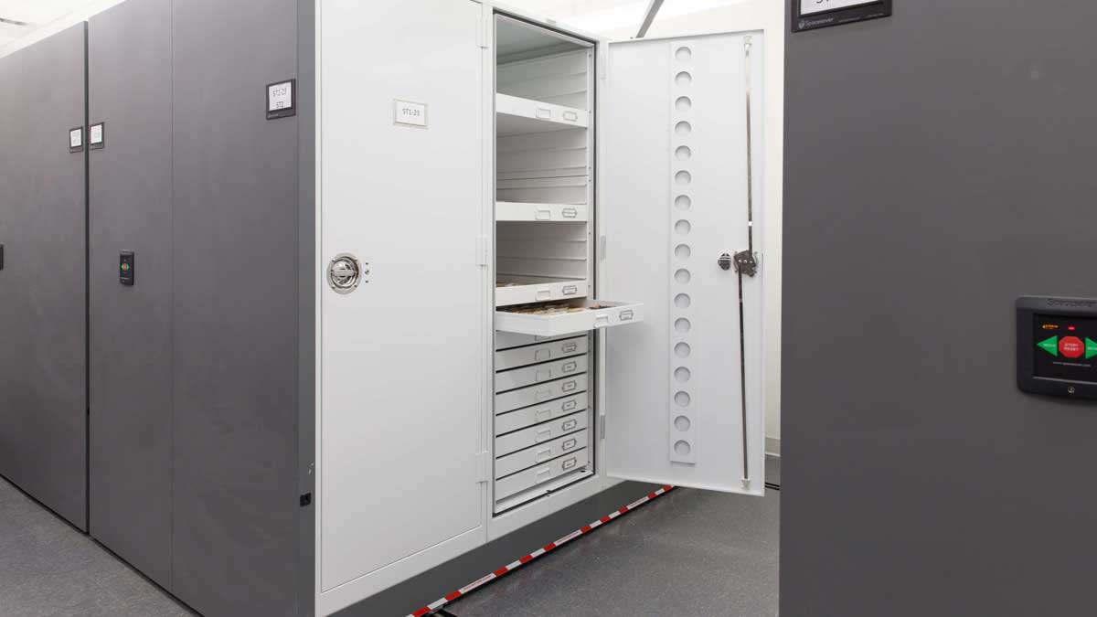 high density mobile shelving storing historical artifacts