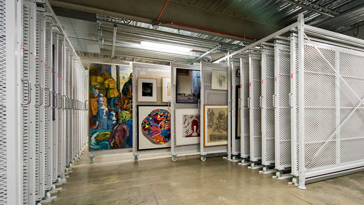 modular mobile shelving storing framed art