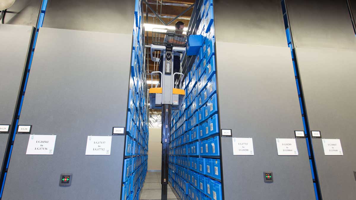 high-density shelving storing offsite evidence collections