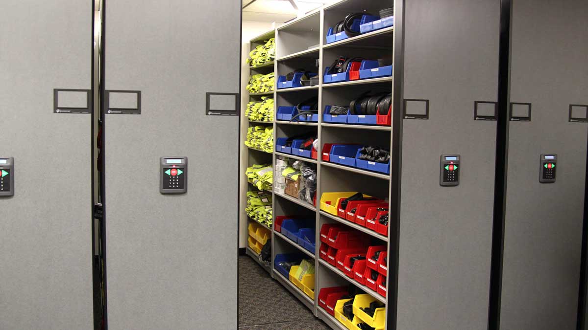 powered compact shelving storing taser cartridges