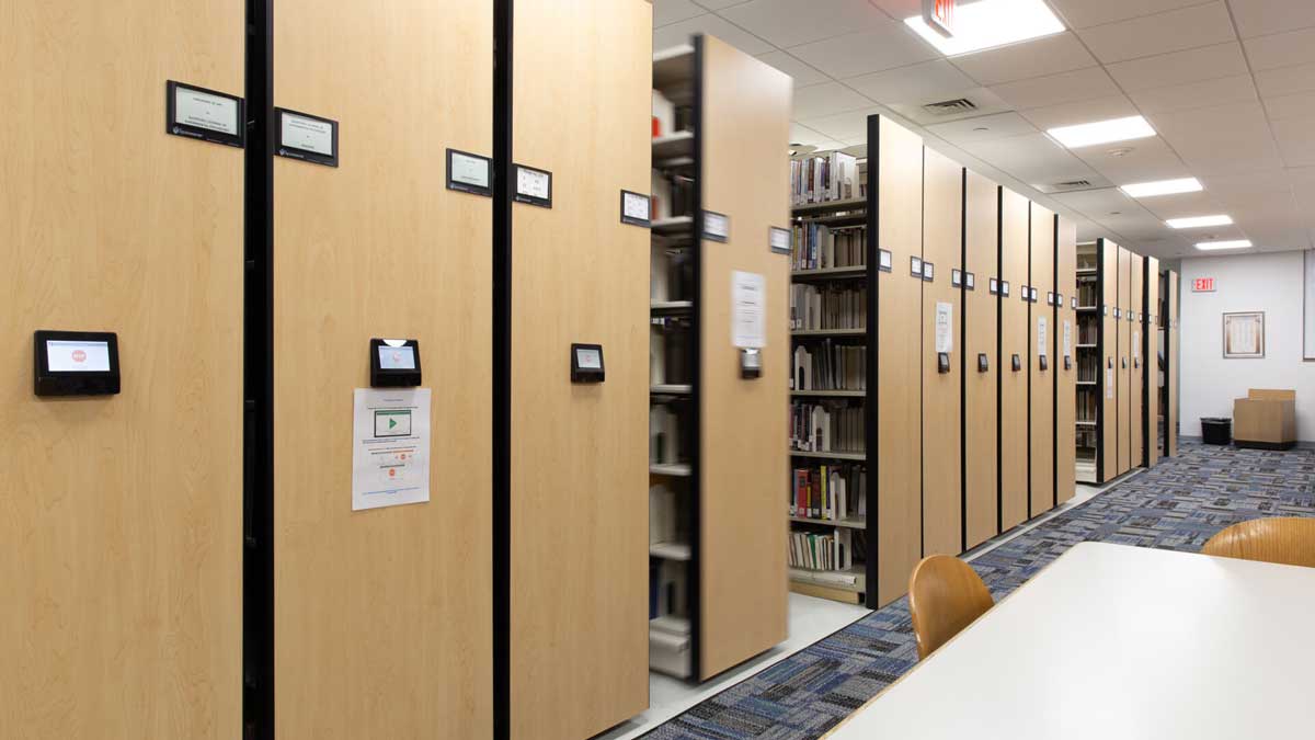 powered mobile shelving storing library books