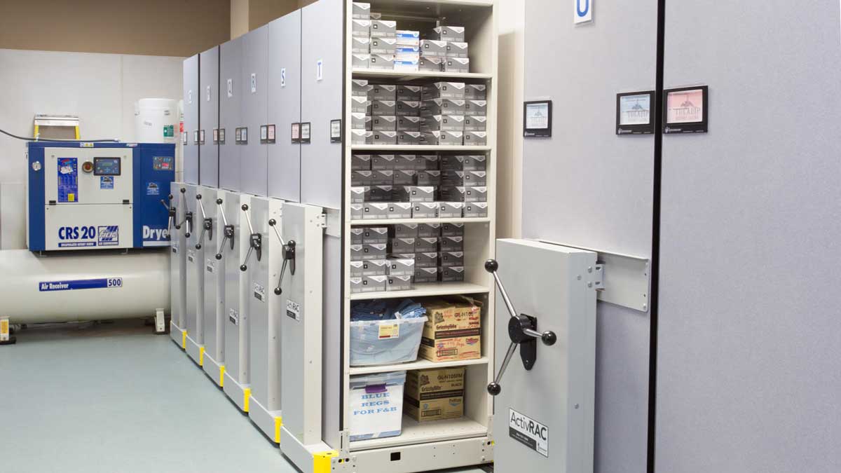 showroom mobile shelving displaying storage solutions