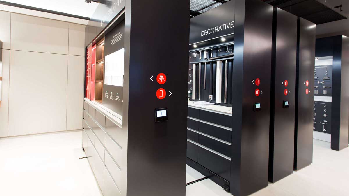 showroom mobile shelving displaying storage solutions