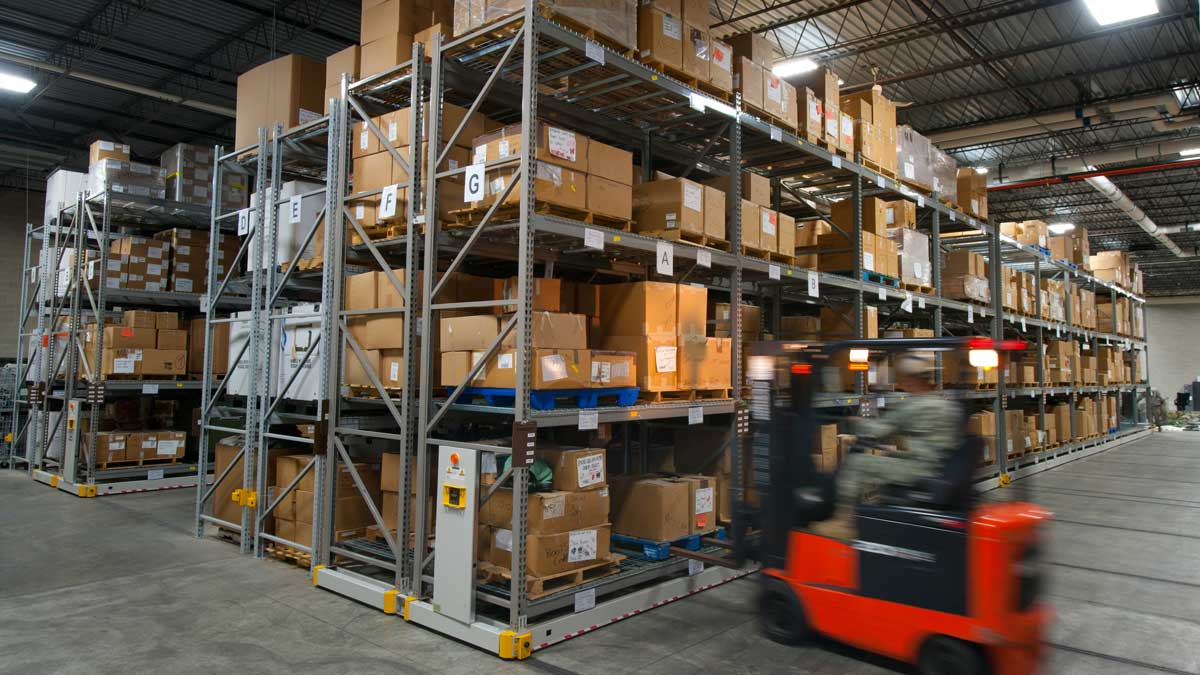 Mobile racking for manufacturing plant storage