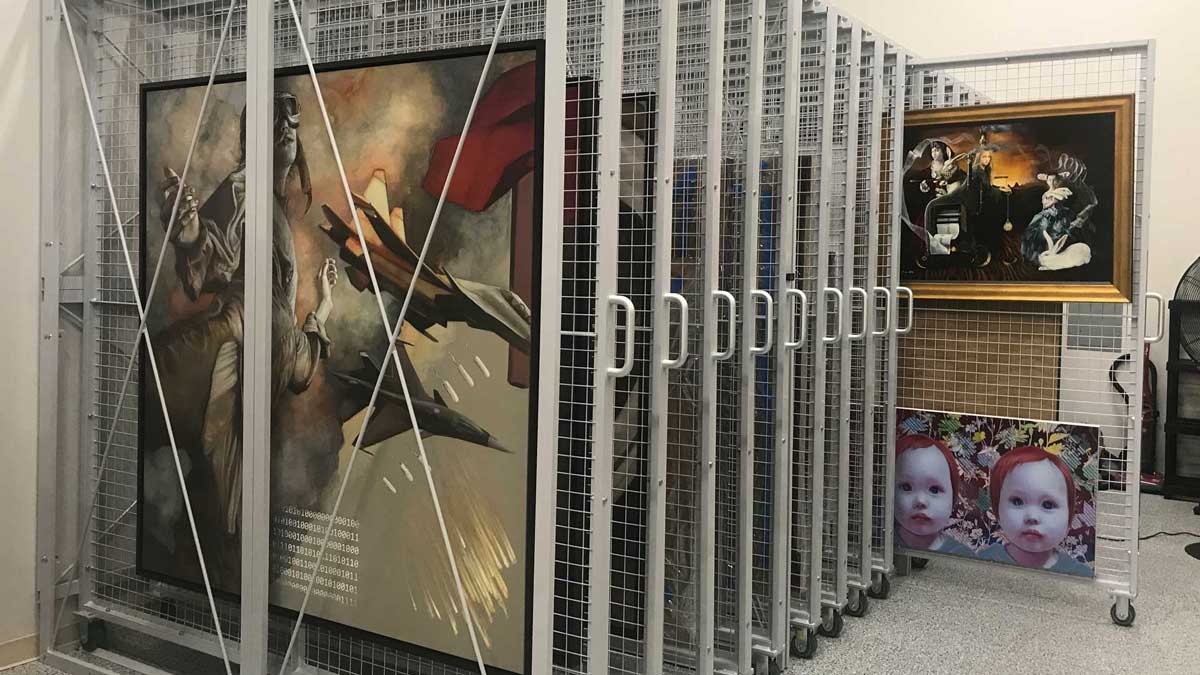 High-density art rack designed for secure painting storage, offering compact and efficient organization for art collections.