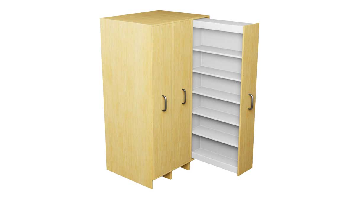 Pull-out wood shelving in office