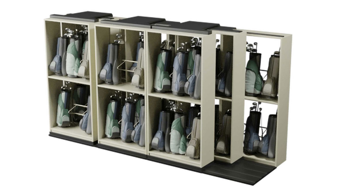 sliding golf bag storage with multiple shelves holding organized golf bags in a compact sliding rack system