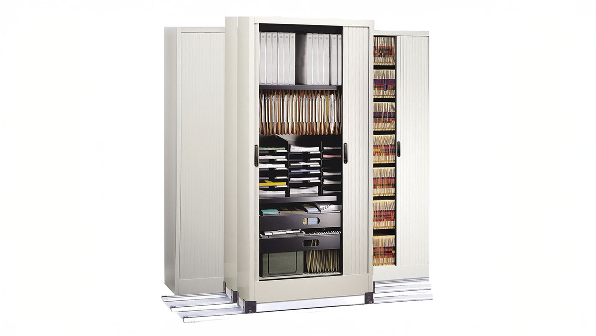 Tambour door storage cabinets providing more storage space and easier access to files compared to lateral and open shelving