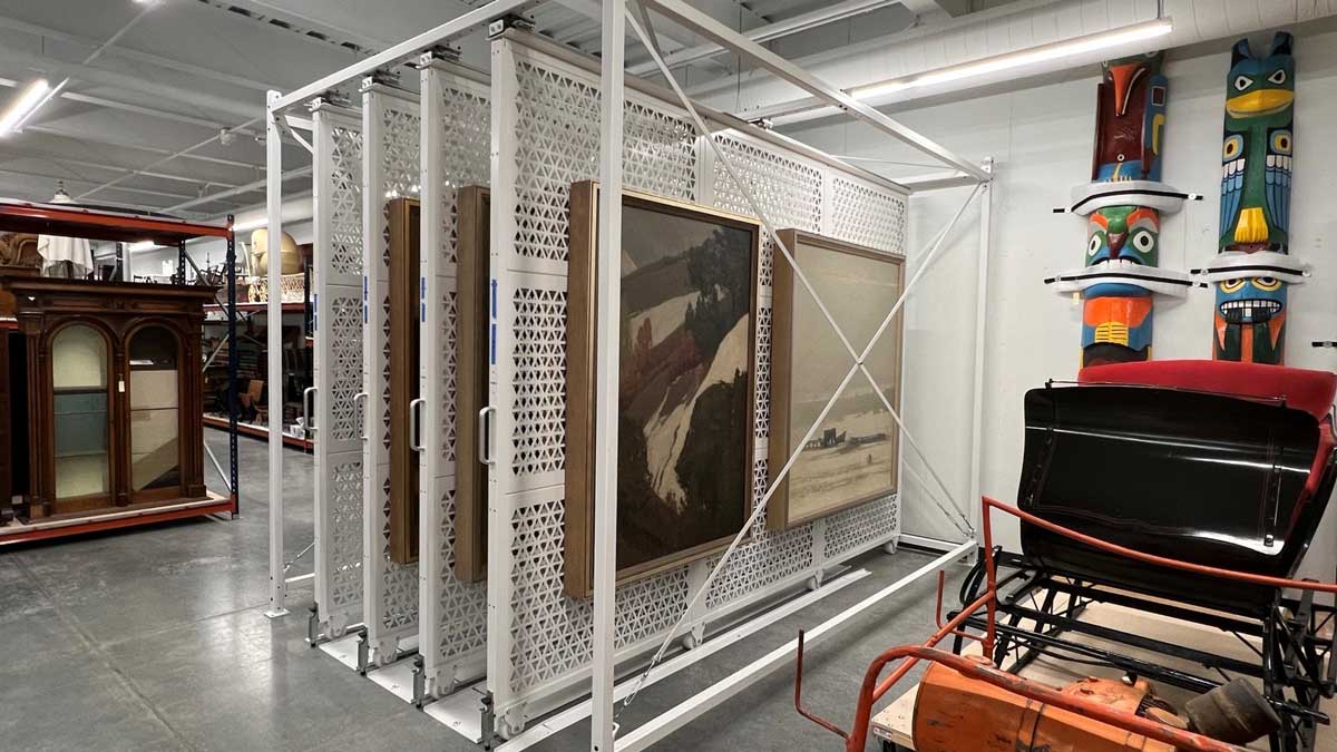 Pull-out art storage rack for museums and galleries, ideal for safe display and easy access to framed artwork