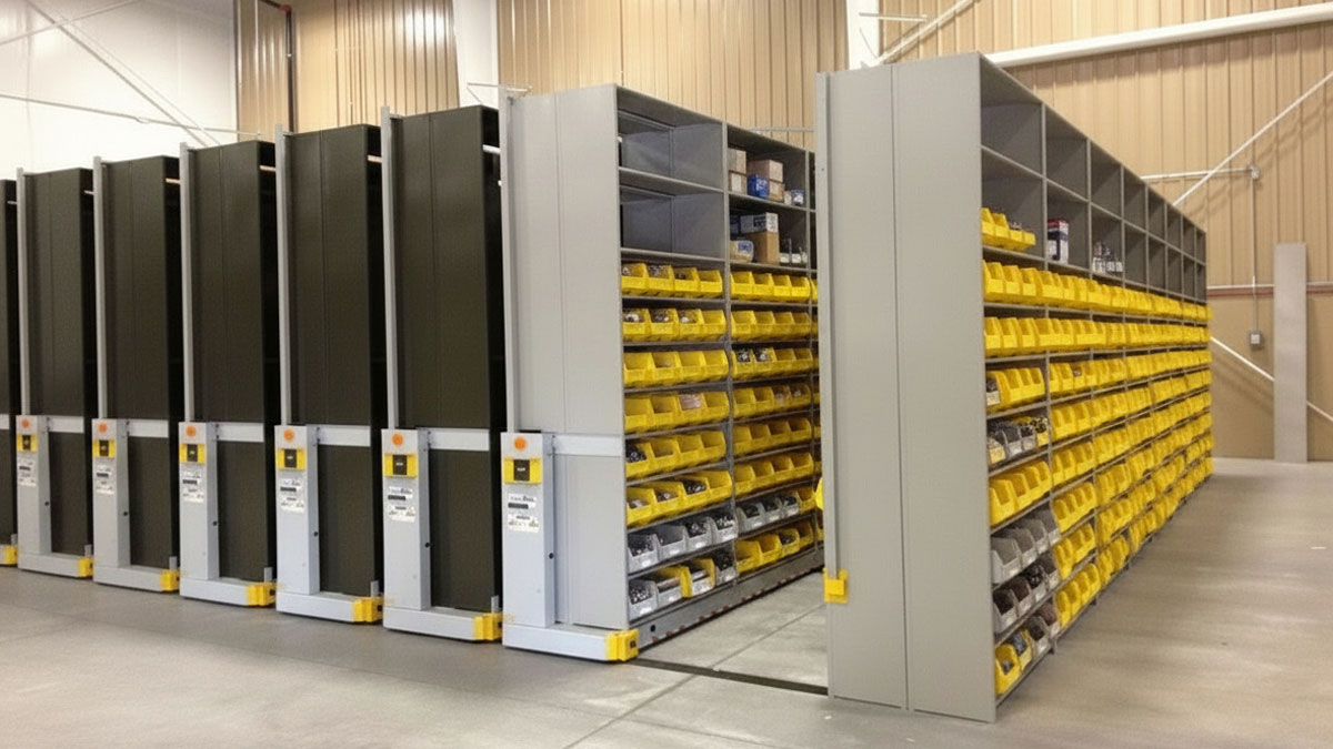 High-density mobile shelving system with yellow parts bins organizing automotive components in a warehouse.